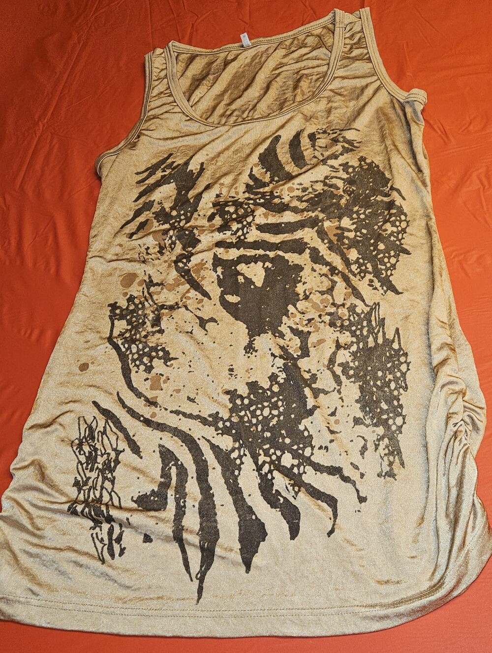 Gold Shimmering Tank Top w/Brown Abstract Graphic on Front Cinched Sides szMed